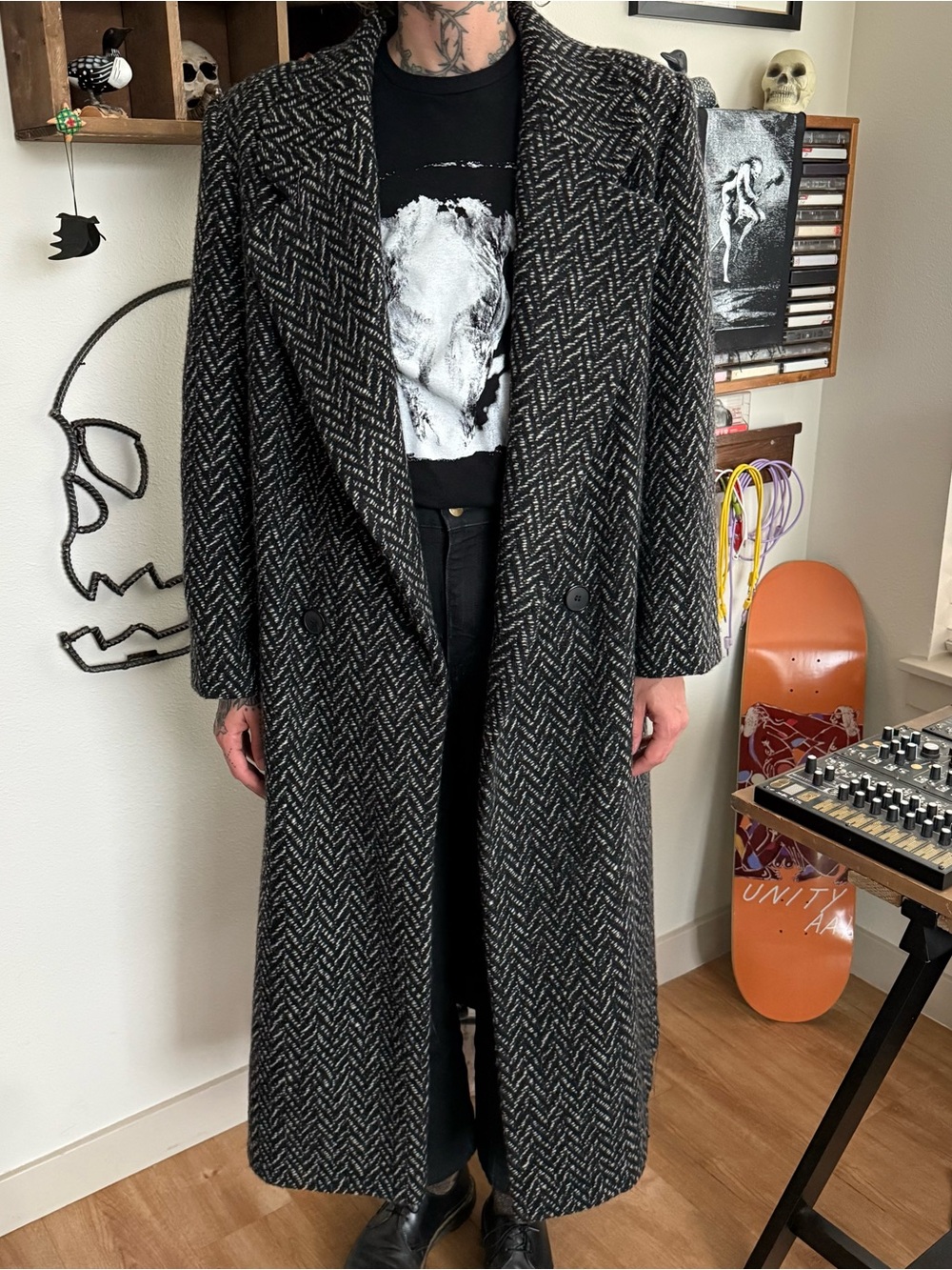 Vintage 80s Herringbone Twill Wool Double Breasted Overcoat Benmore ~ Size XL